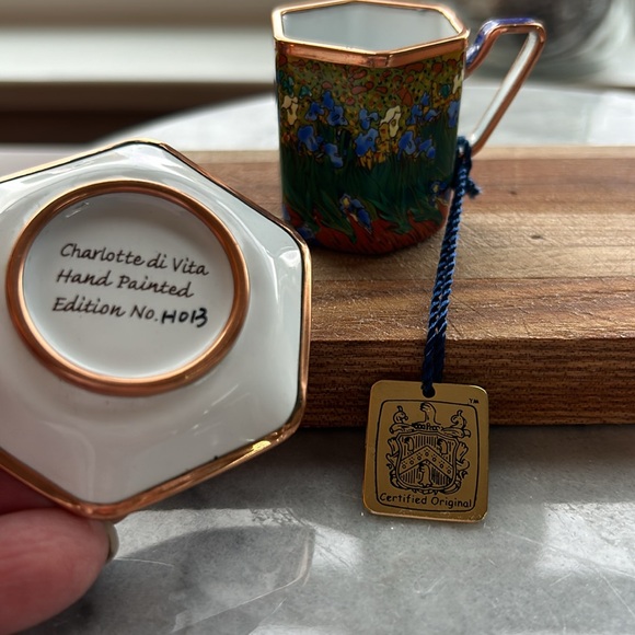 iris tea cup saucer hand painted enamel gold metal hang tag numbered edition - Picture 12 of 16